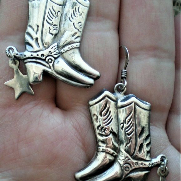 Designer Sterling Silver 925 Western Cowgirl Boot Boots Dangle Drop Earrings - Picture 3 of 4